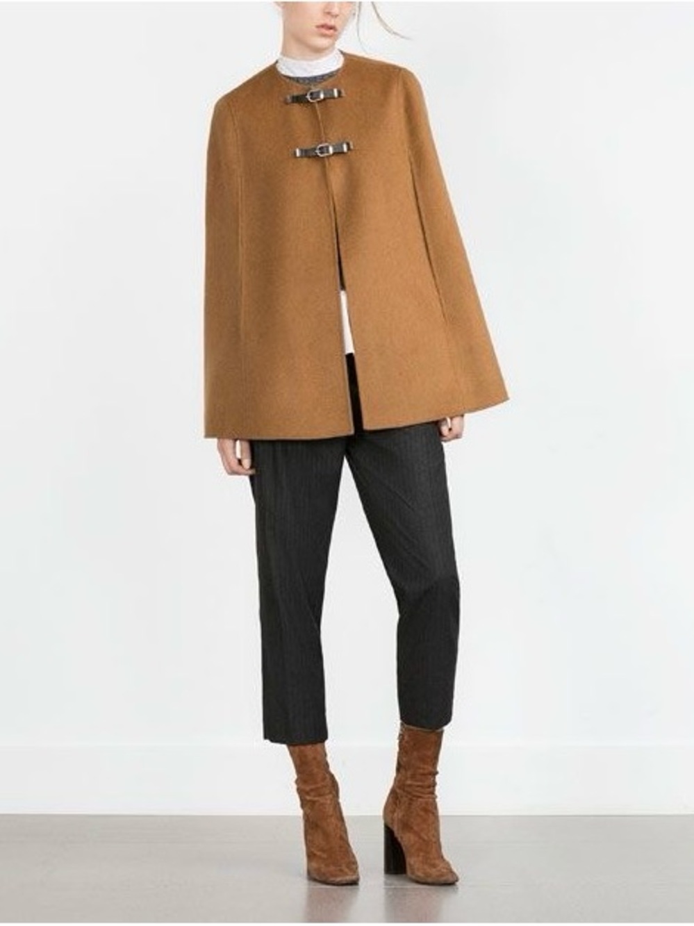 NWOT Zara Camel Wool Blend Cape Coat Faux Leather Buckle Minimalist Size L